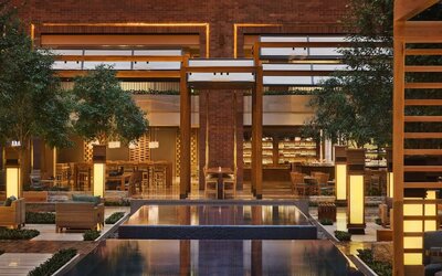 Lobby and coworking lounge at Hilton Anatole.