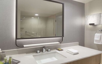Guest bathroom with shower at Hilton Anatole.