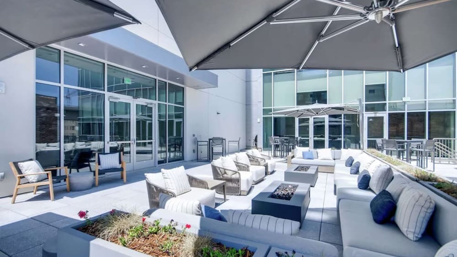 Plenty of seats in courtyard of the Hilton Garden Inn Denver Union Station.