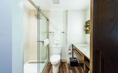 Guest bathroom with shower at Hilton Garden Inn Denver Union Station.