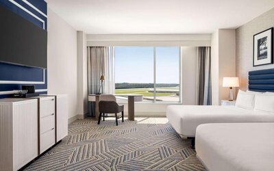 Day use double room with work desk at Hilton BNA Nashville Airport Terminal.
