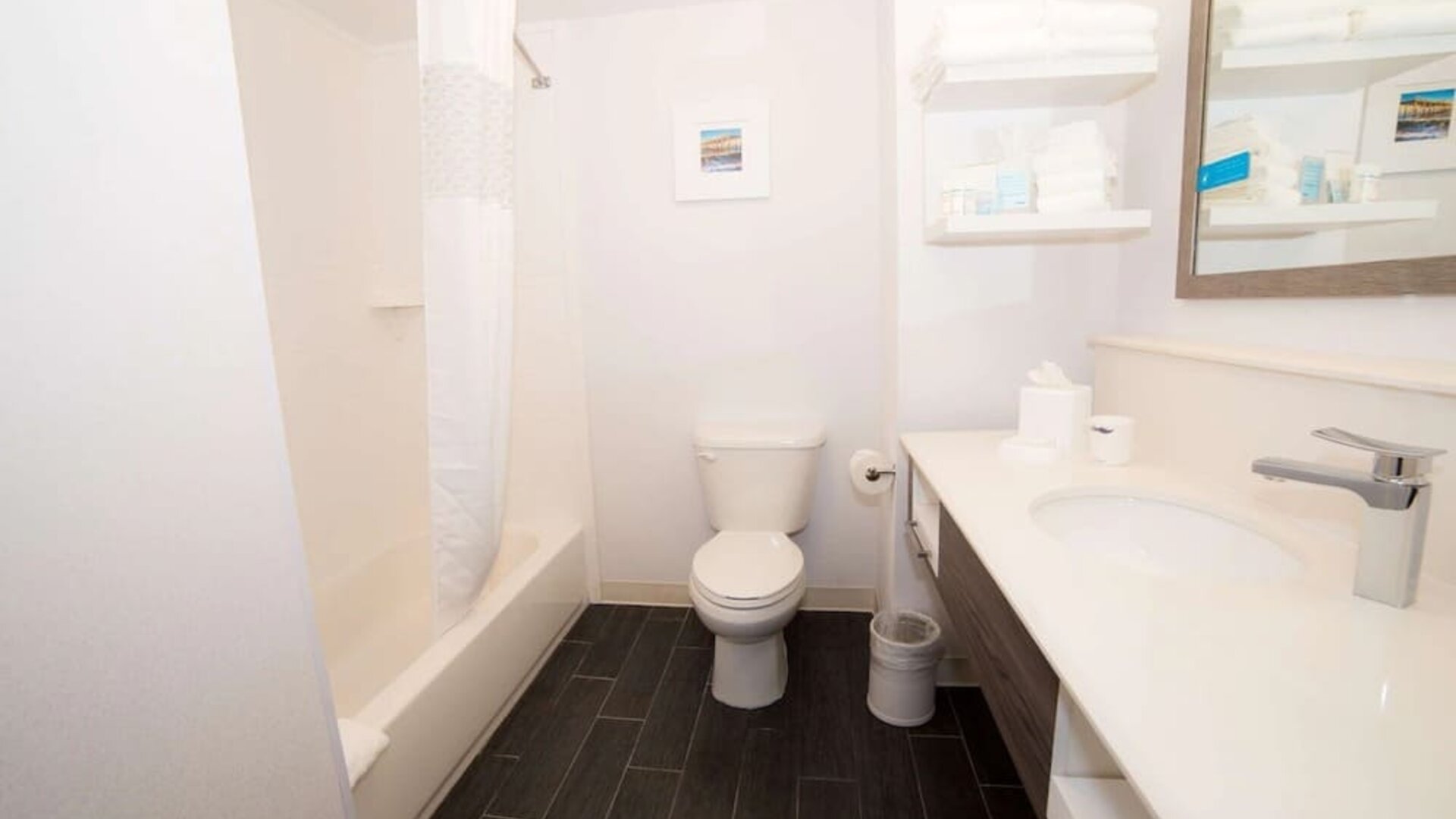 Guest bathroom with shower and tub at Hampton Inn Atlantic City Absecon, NJ.