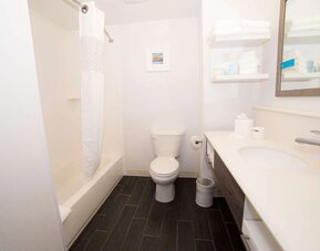 Guest bathroom with shower and tub at Hampton Inn Atlantic City Absecon, NJ.