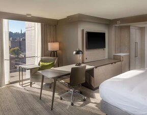 Working station by the window in a day use room at Hilton Birmingham At UAB.