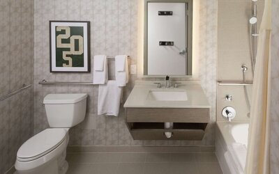 Guest bathroom with shower and tub at Hilton Birmingham At UAB.