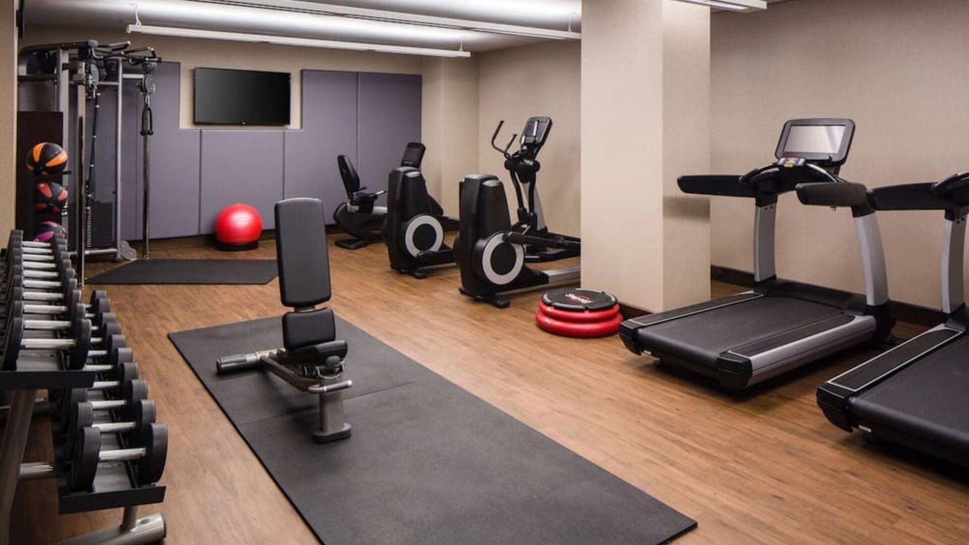 Fully equipped fitness center at Hilton Brooklyn New York.