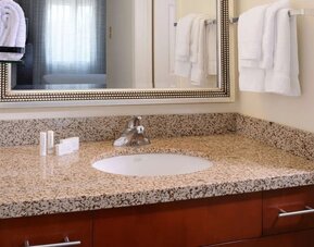 Private guest bathroom with shower and free toiletries at Sonesta ES Suites Dallas Medical Market Center.