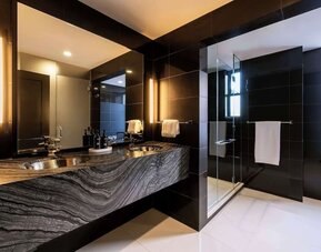 Private guest bathroom with shower and free toiletries at The Benjamin Royal Sonesta New York.