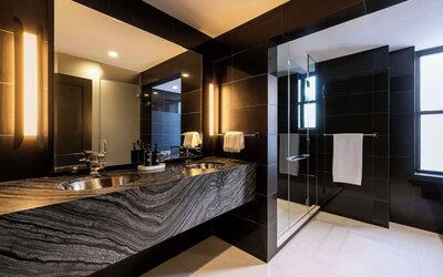Private guest bathroom with shower and free toiletries at The Benjamin Royal Sonesta New York.