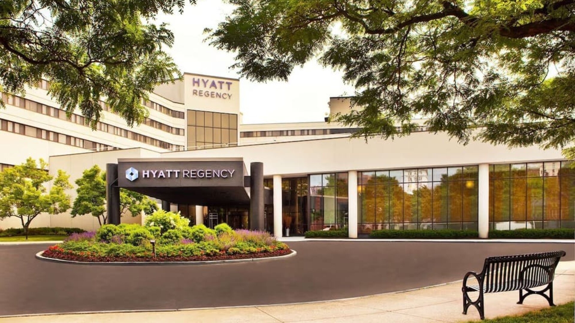 Hotel entrance at Hyatt Regency New Brunswick.