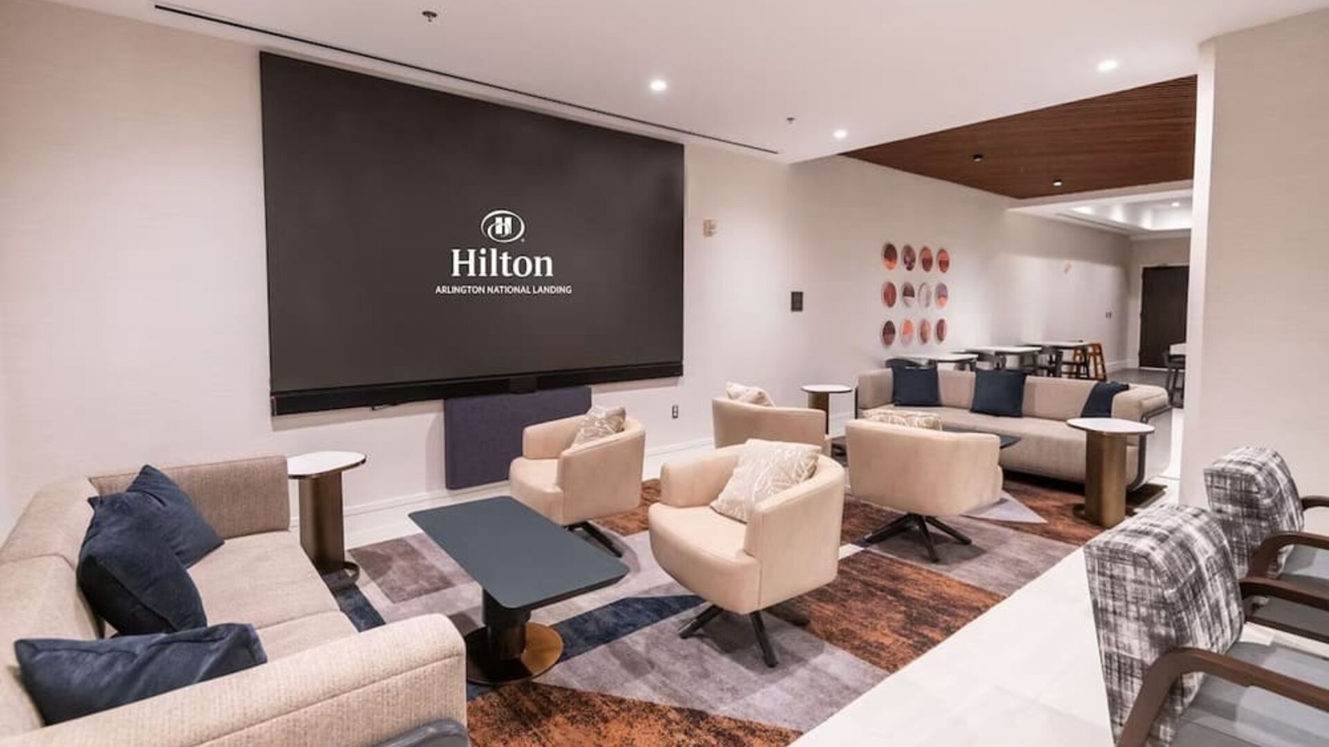 Lobby and coworking lounge at Hilton Crystal City At Washington Reagan National Airport.