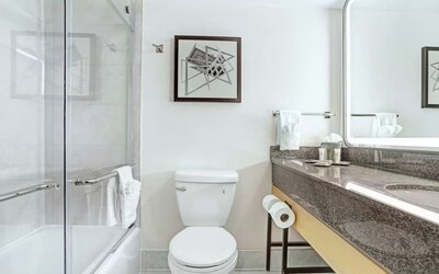 Guest bathroom with shower at Hilton Crystal City At Washington Reagan National Airport.