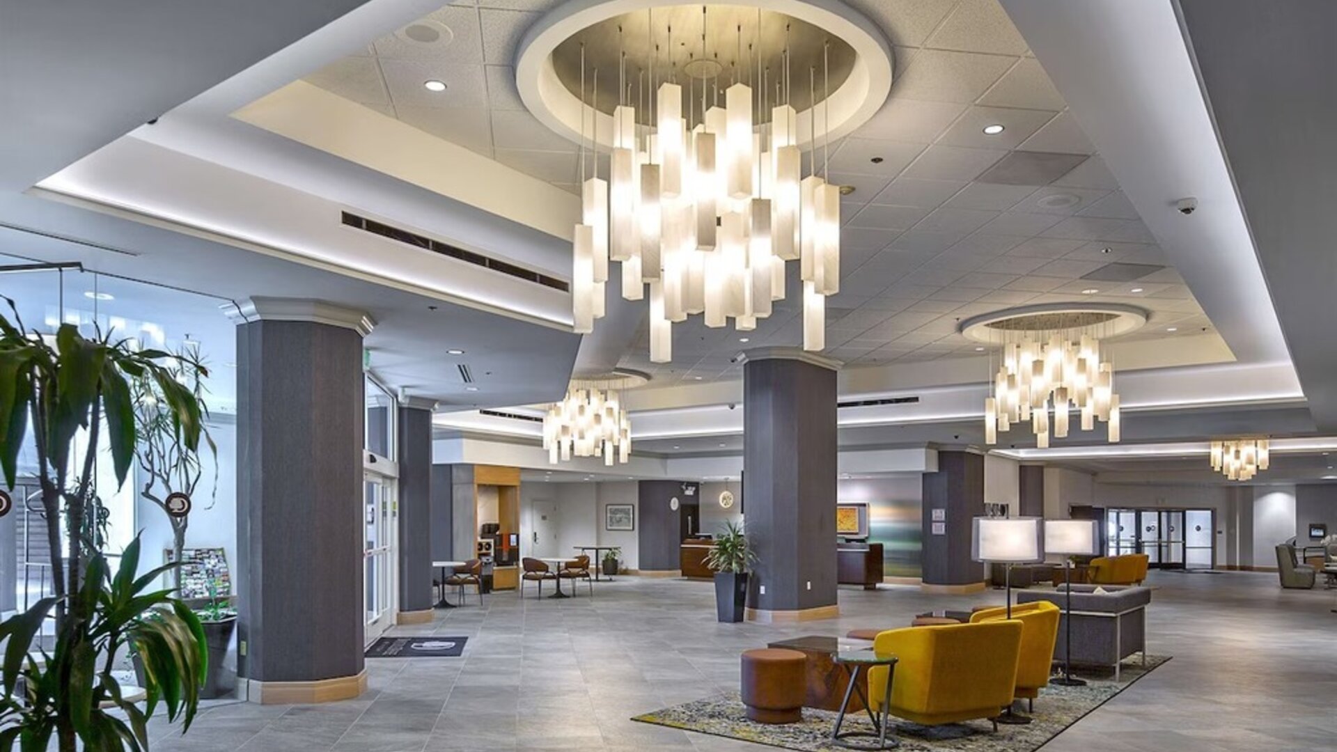 Lobby and coworking lounge at DoubleTree By Hilton Modesto.