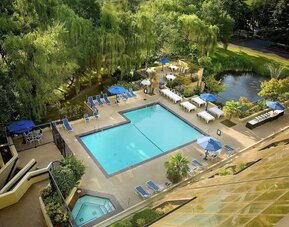 Seasonal outdoor pool and jacuzzi surrounded by sun loungers at Hilton Bellevue.