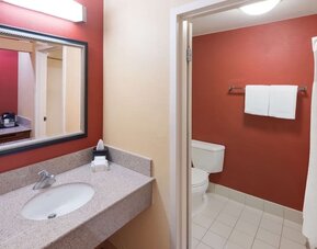 Private guest bathroom with shower at Sonesta Select Detroit Auburn Hills.