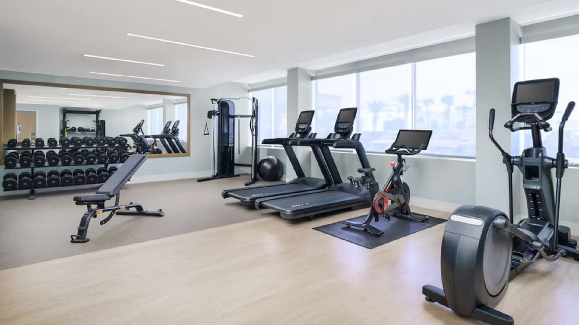 Fitness center with natural light at DoubleTree Beach Resort By Hilton Tampa Bay - North Redington.