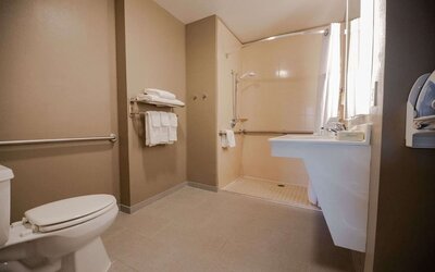 Private guest bathroom with shower at Sonesta ES Suites Dallas Las Colinas.