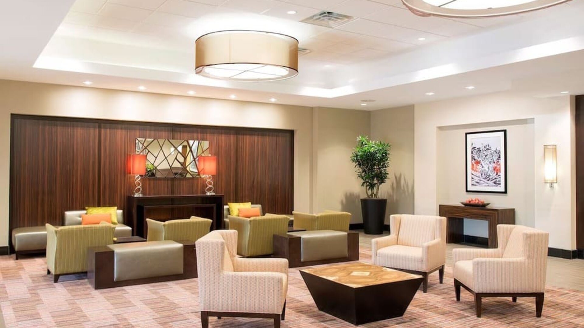 Lobby and coworking lounge at DoubleTree By Hilton Grand Rapids Airport.