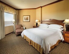 Bright and comfortable hotel room with king size bed and window at DoubleTree By Hilton Lisle-Naperville.