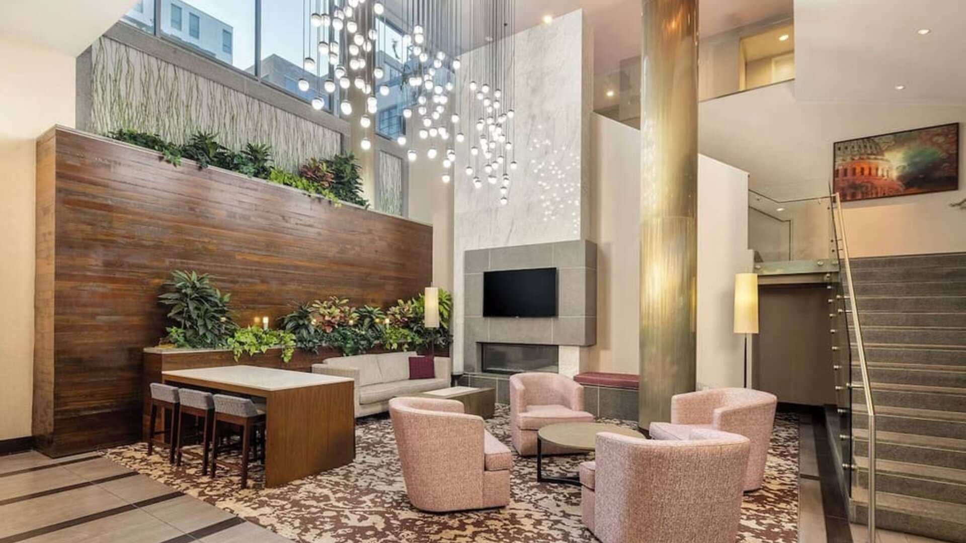 Lobby and coworking lounge at Hilton Garden Inn Washington DC/Georgetown Area.