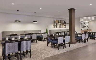 Breakfast area perfect for coworking at DoubleTree By Hilton Canton Downtown.