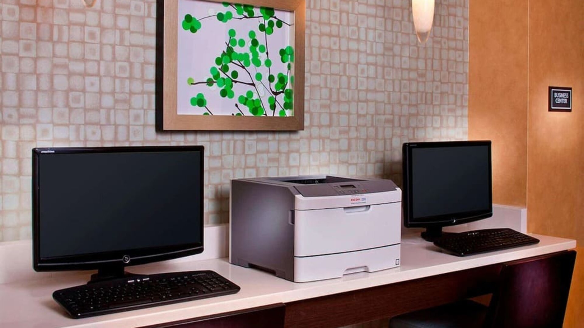 Business center with computers and printer at Sonesta ES Suites Birmingham Homewood.