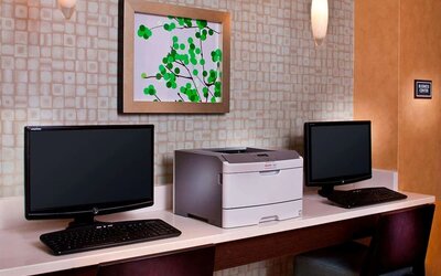 Business center with computers and printer at Sonesta ES Suites Birmingham Homewood.
