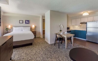 Suite with workspace and in-room kitchen at Sonesta ES Suites Austin The Domain Area.