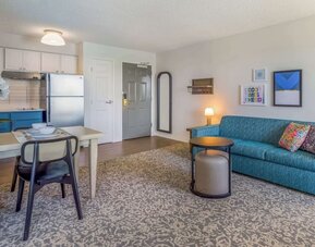 Day use suite with living room and kitchen at Sonesta ES Suites Austin The Domain Area.