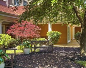 Hotel patio with lounge seating at Sonesta Atlanta Airport South.