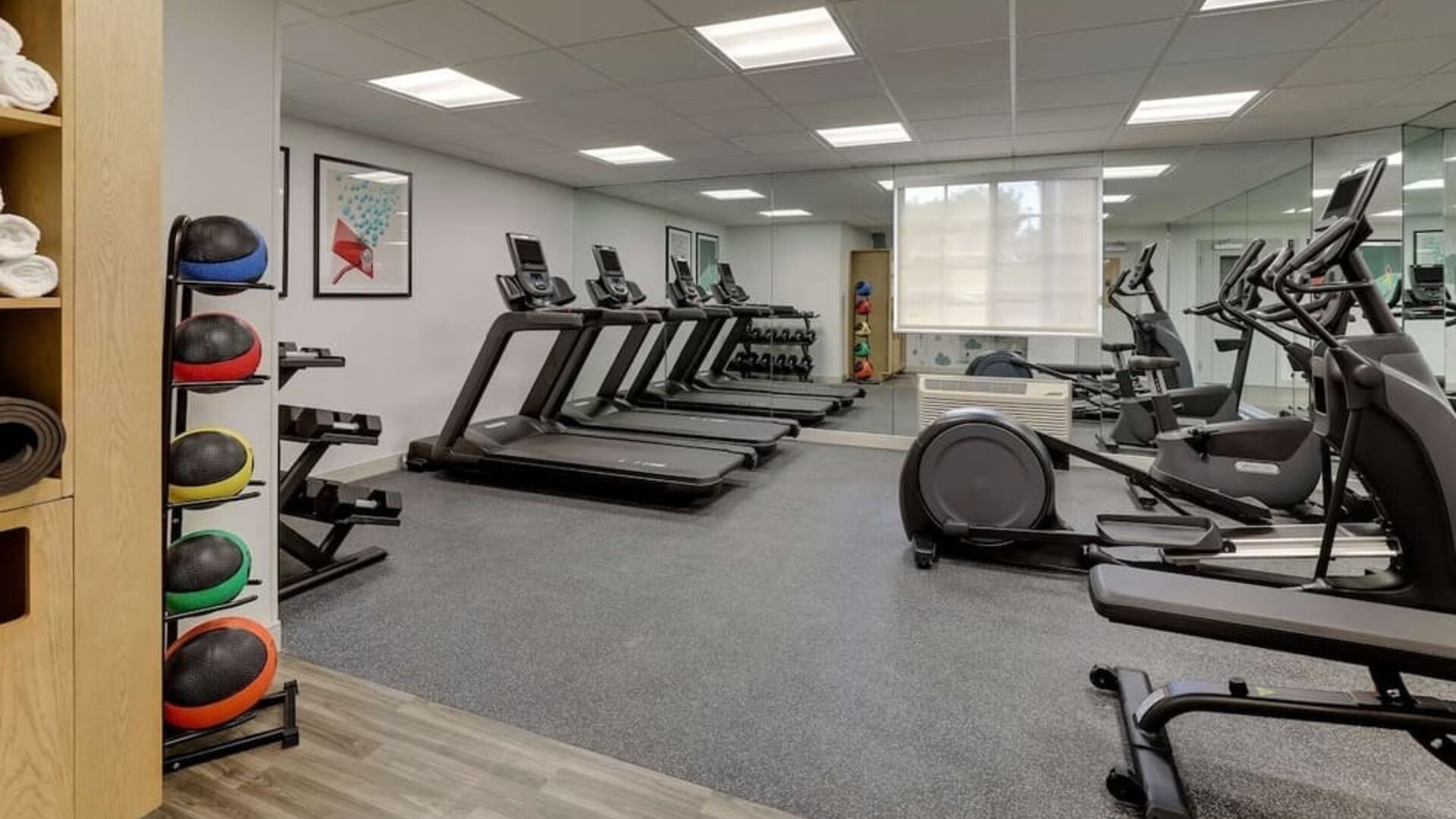 Fully equipped fitness center at Sonesta Simply Suites Miami Airport Doral.