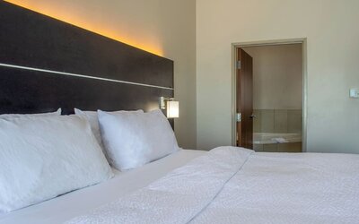 Day use room with king bed and private bathroom at 	Holiday Inn Express & Suites Yorkville.