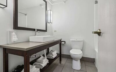 Private guest bathroom with shower and free toiletries at Country Inn & Suites By Radisson, Chicago O'Hare South.