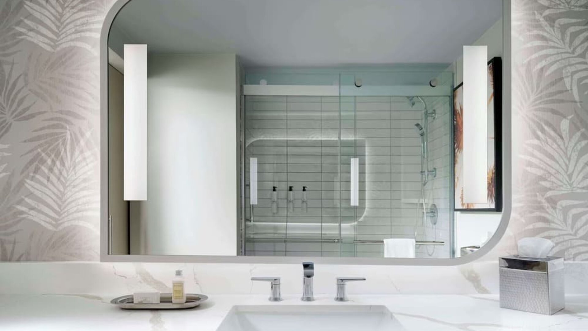 Private guest bathroom with shower at Sonesta Los Angeles Airport LAX.