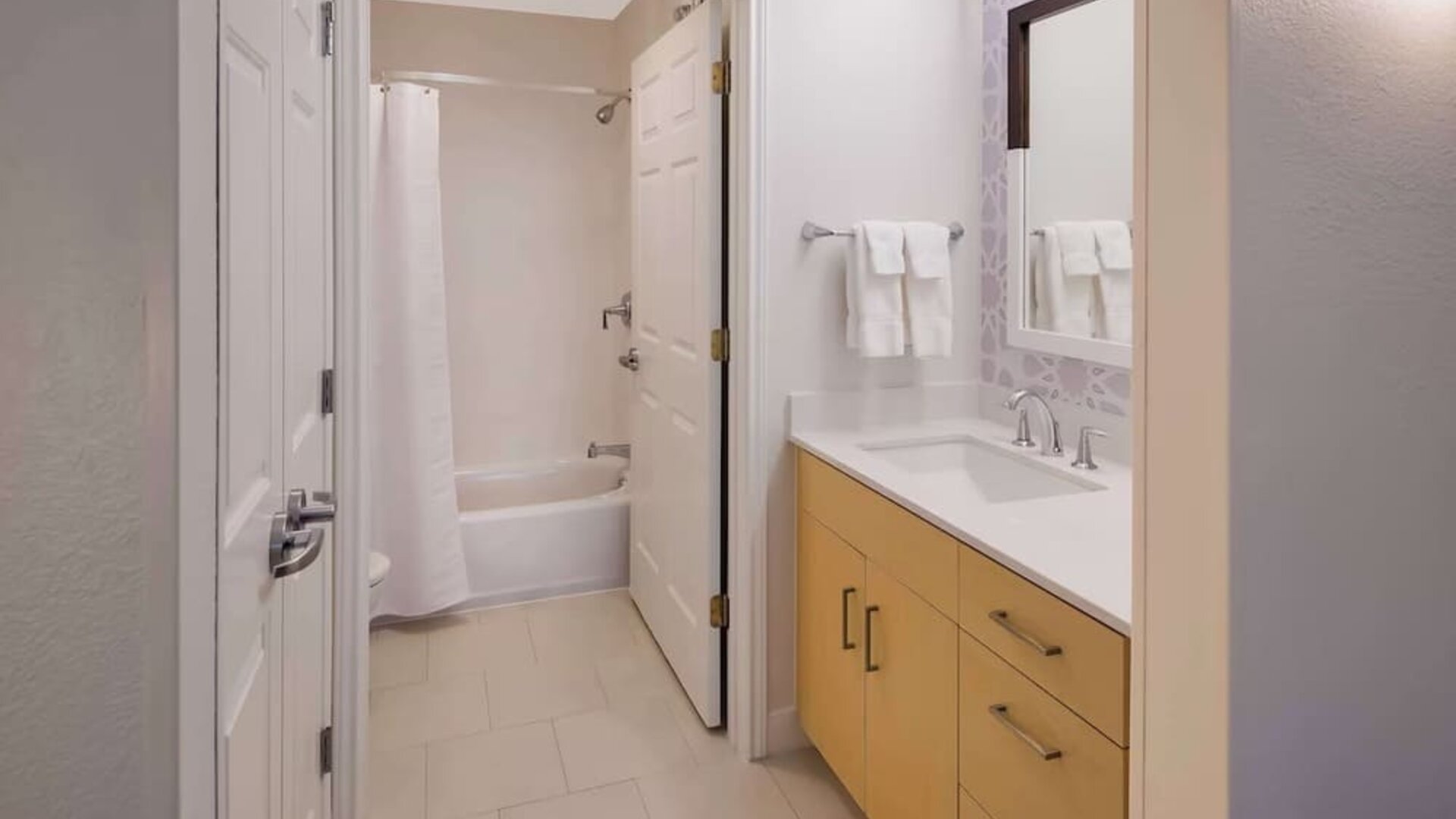 Private guest bathroom at Sonesta ES Suites Andover Boston.