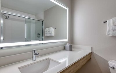 Private guest bathroom with shower and free toiletries at Holiday Inn Express & Suites Bensenville - O'Hare.