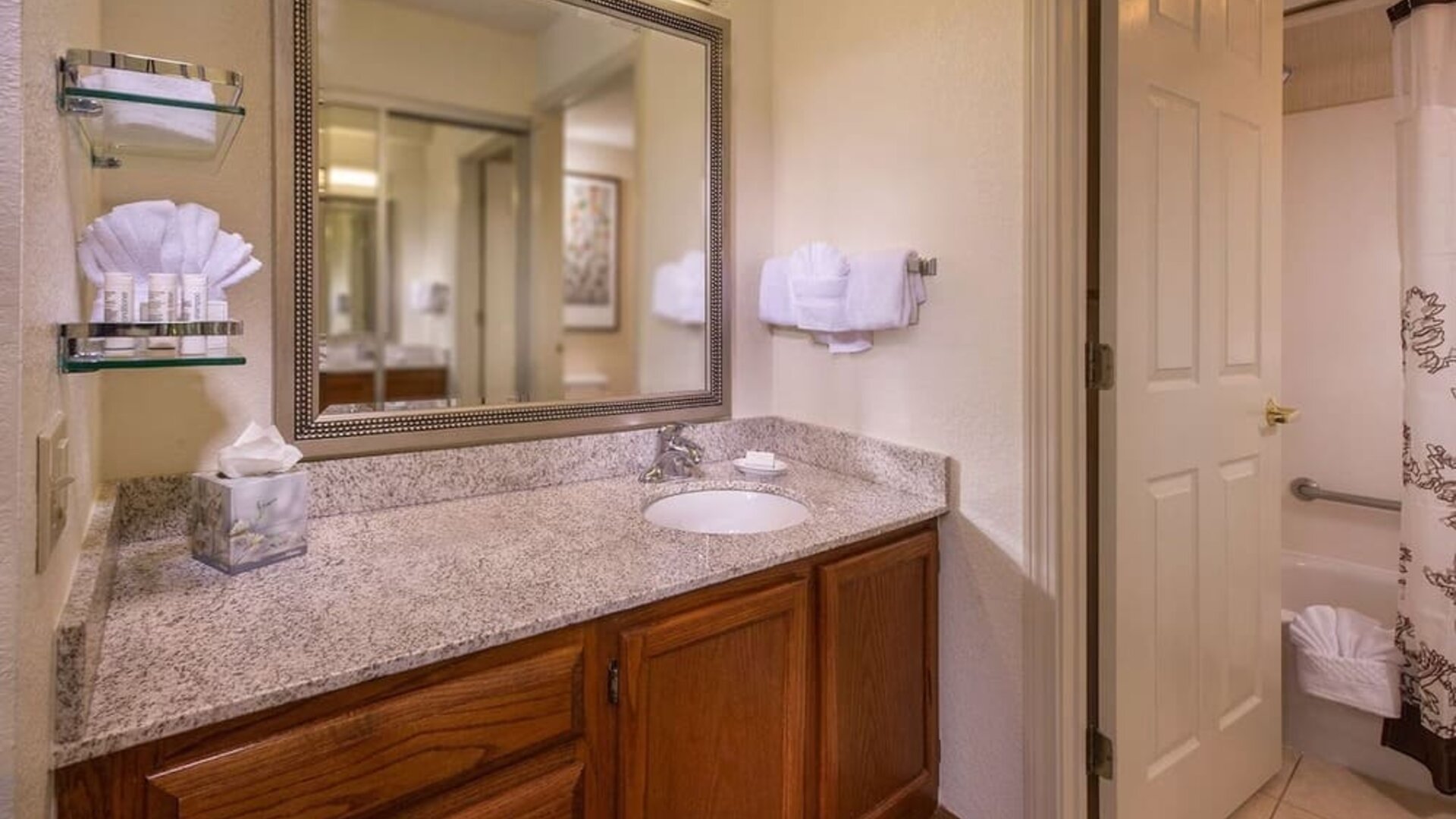Private guest bathroom with combined shower/tub and free toiletries at Sonesta ES Suites Charlottesville University.