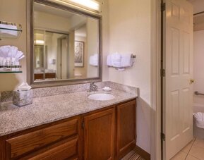 Private guest bathroom with combined shower/tub and free toiletries at Sonesta ES Suites Charlottesville University.