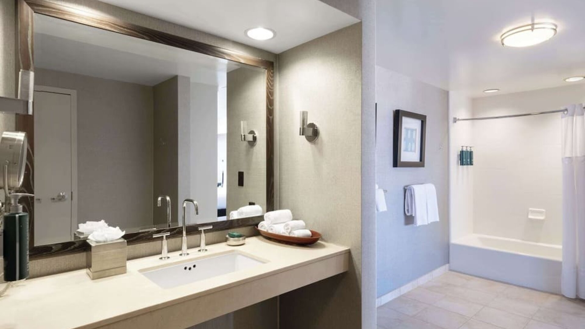 Guest bathroom with shower and tub at Hilton San Francisco Financial District.