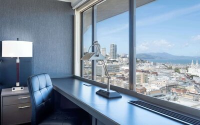 Work desk inside day use room with amazing view at Hilton San Francisco Financial District.