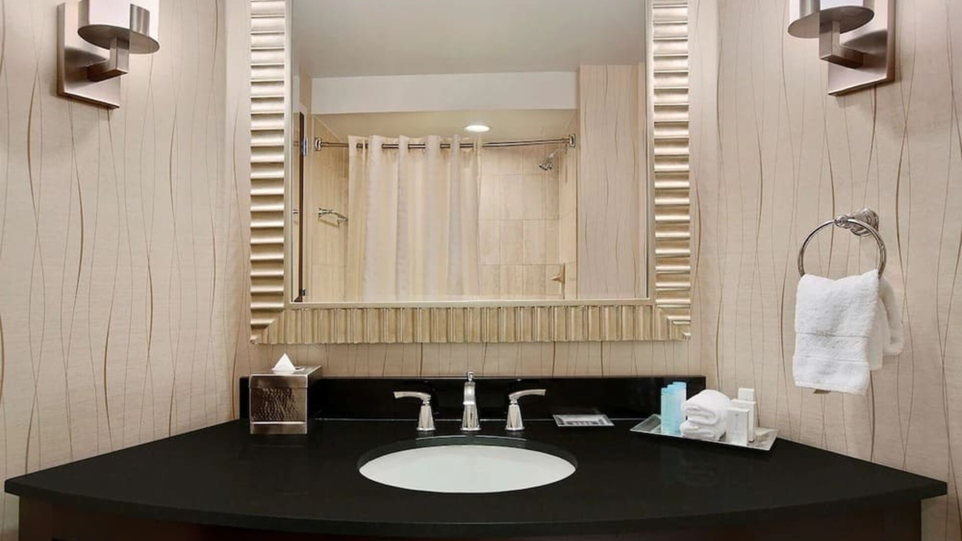 Guest bathroom with shower at Hilton Rosemont/Chicago O'Hare.