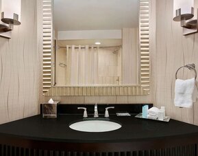 Guest bathroom with shower at Hilton Rosemont/Chicago O'Hare.