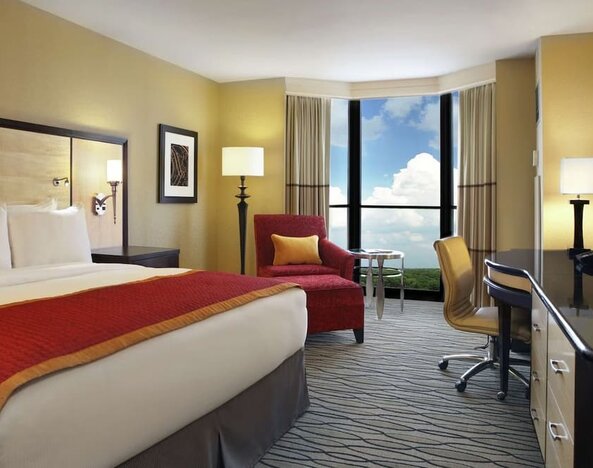 Beautiful king suite with TV, work desk and a lovely view at Hilton Rosemont/Chicago O'Hare.