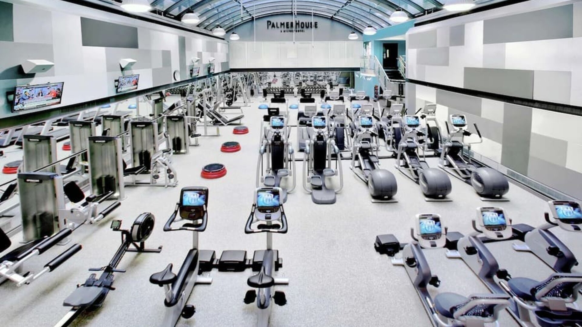 Well-equipped fitness center at Palmer House A Hilton Hotel.