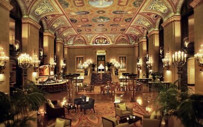 Romantic lobby and coworking lounge at Palmer House A Hilton Hotel.