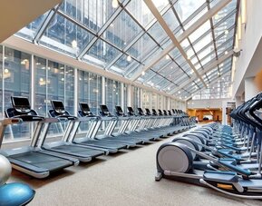 Well-equipped fitness center with natural light at New York Hilton Midtown.