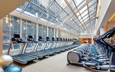 Well-equipped fitness center with natural light at New York Hilton Midtown.
