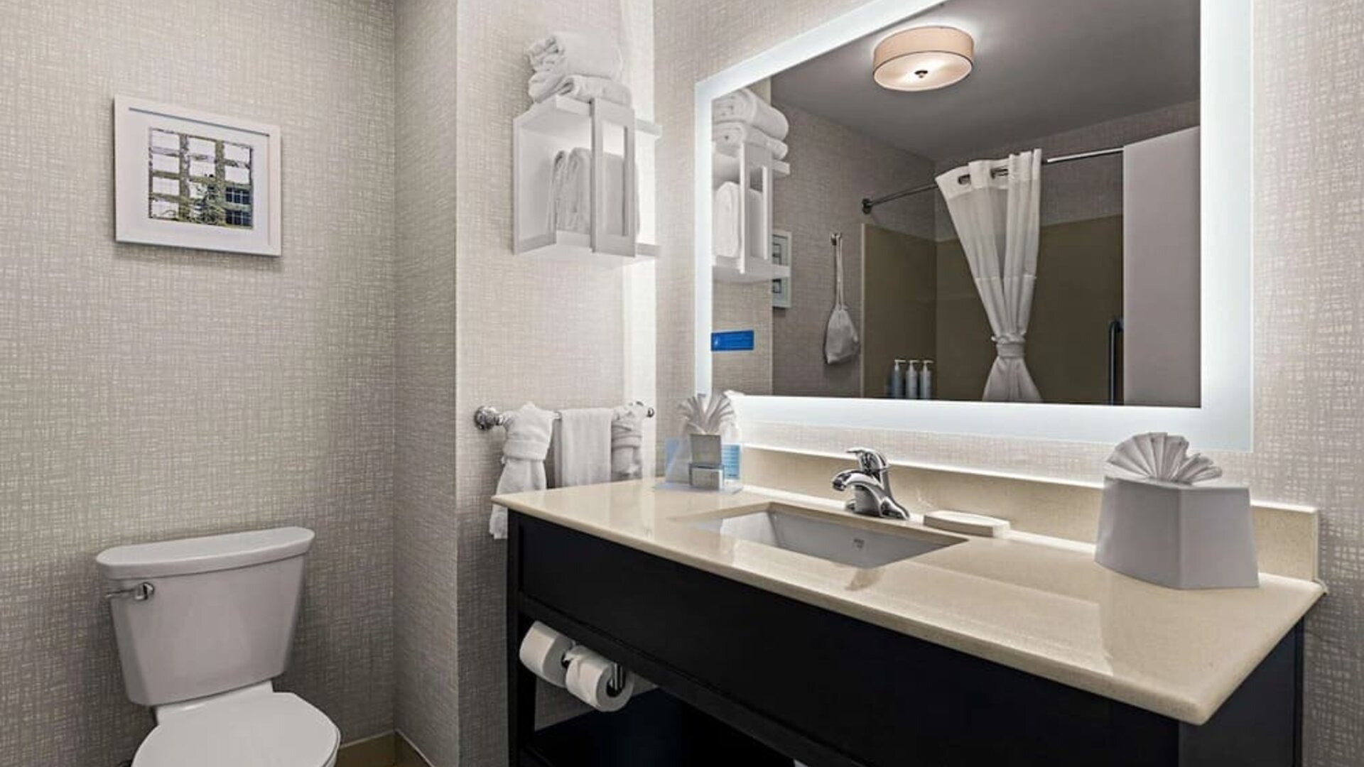 Guest bathroom with shower at Hampton Inn & Suites Schererville.