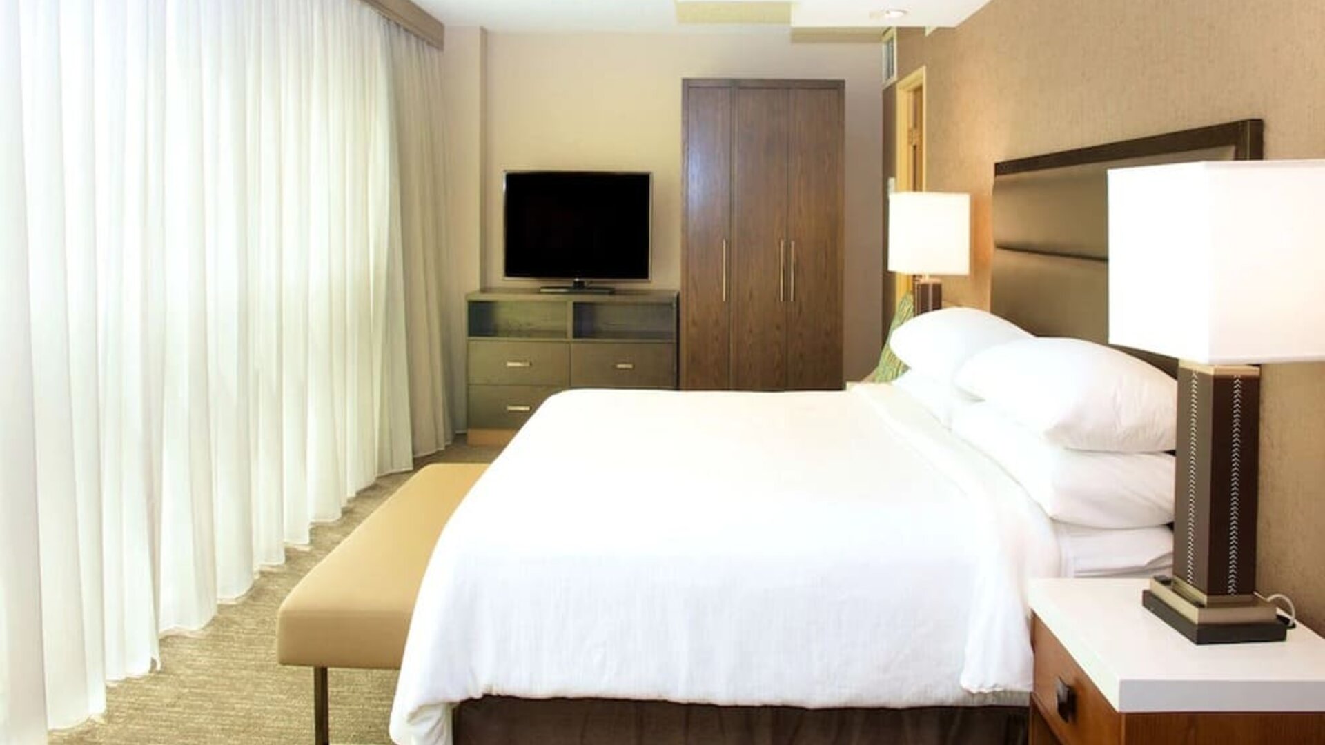 Comfortable king room with TV and natural light at Embassy Suites By Hilton Seattle-North-Lynnwood.