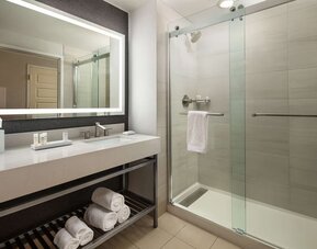 Guest bathroom with shower at Hilton Charlotte Airport.
